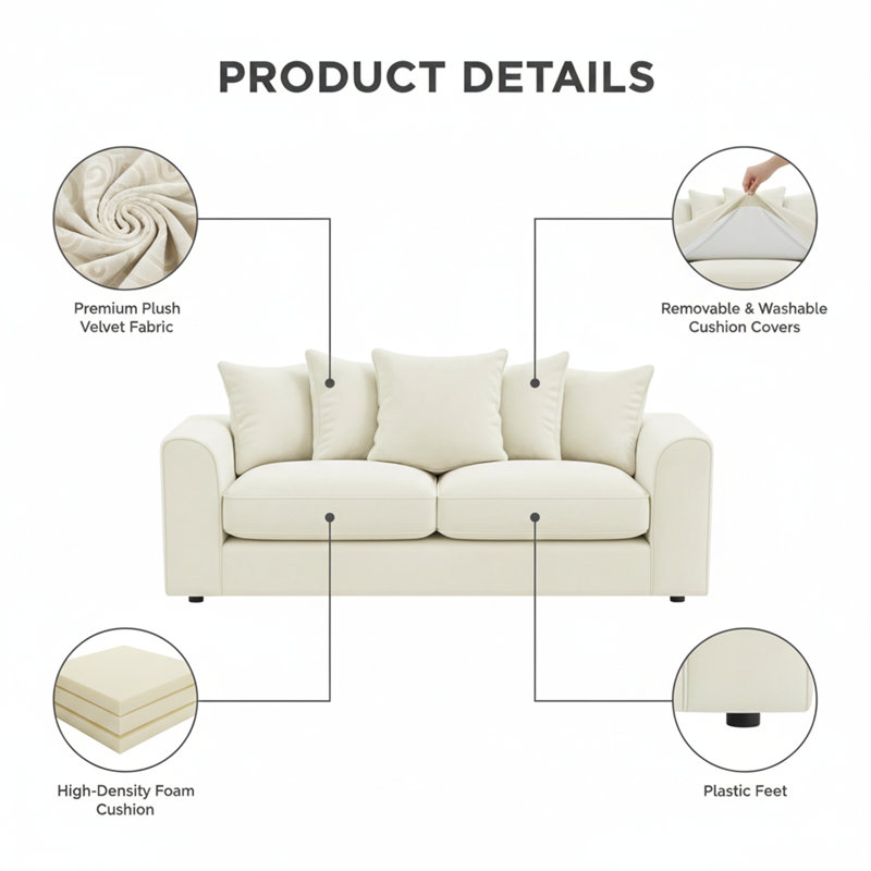 5 Seater Velvet Sofa, Cream