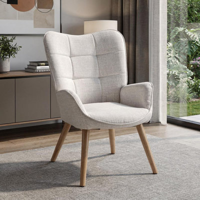 Fauteuil à oreilles 23 po en chenille touffetée et bois massif beige et naturel