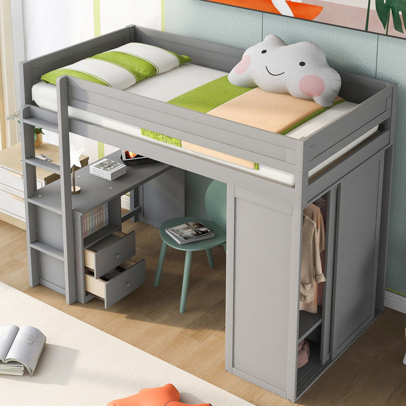 Lit mezzanine en bois avec placards et bureau à 2 tiroirs avec armoire, Lit simple