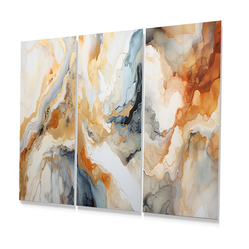 Peinture abstraite beige et doré à motif de geyser - Formes abstraites en métal, ensemble de 3, H 28 po x l 36 po