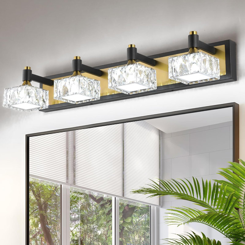 Luminaire de salle de bain à 4 lumières à intensité variable, luminaire de salle de bain à DEL 24 W sur miroir, applique murale dorée avec abat-jour en cristal pour l'éclairage du jour