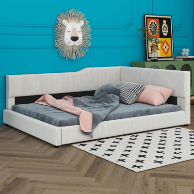 Upholstered Daybed Frame Modern L-Shaped Floor Bed Frame With Corduroy