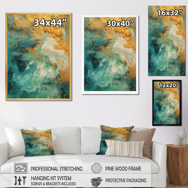 «Morning Bliss», art marbré bleu sarcelle et doré, H 44 po x l 34 po x P 1,5 po, Cadre simple argenté