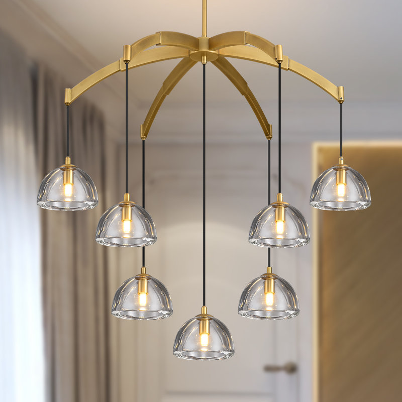 Lustre 7 lumières à intensité variable moderne de style classique 34 "avec abat-jour en verre, Doré