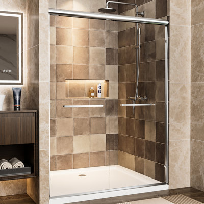 Porte de douche coulissante double 72 po de hauteur 54 po de largeur avec cadre en aluminium, verre trempé de 1/4 po, film fracassant, deux poignées en acier inoxydable, largeur réglable, installation réversible pour cadre de salle de bain l x H transparent