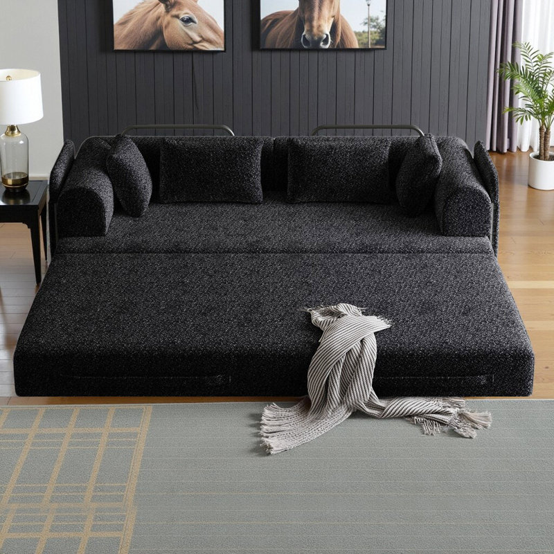 Canapé-lit Boneless de 78,7 po avec tissu chenille et coussins cylindriques, Noir