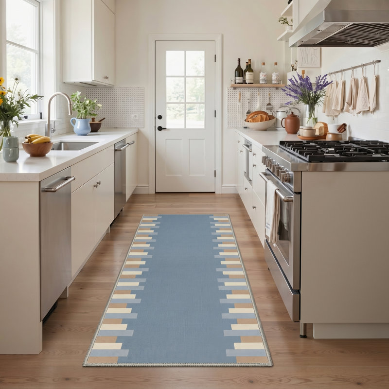 GeoStripe Geometric Machine Washable Blue Indoor Area Rug with Non-Slip Backing, Runner 2' x 6'