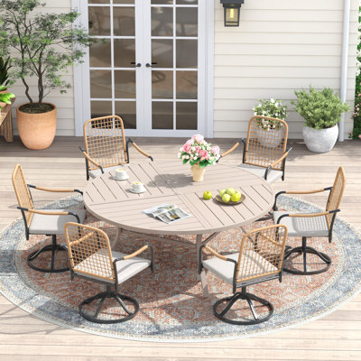 6-Person 53" Round Outdoor Dining Set With Cushioned Swivel Woven Rattan Chairs