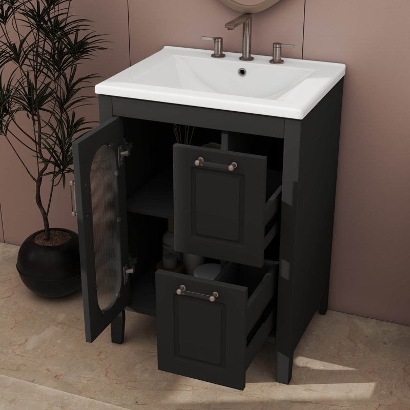 Meuble-lavabo 24 po avec tablette intérieure réglable, 2 tiroirs et une porte, Noir
