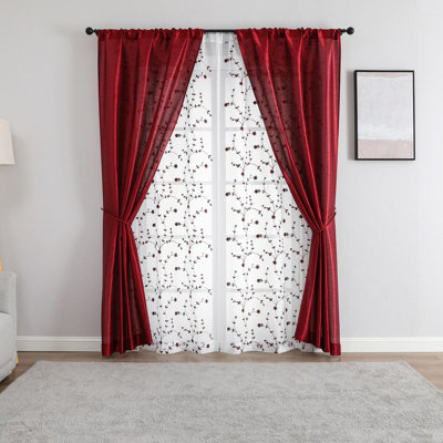  Gloria Embroidered 6 Piece Rod Pocket Coordinating Sheer Window Curtain Panels - Burgundy