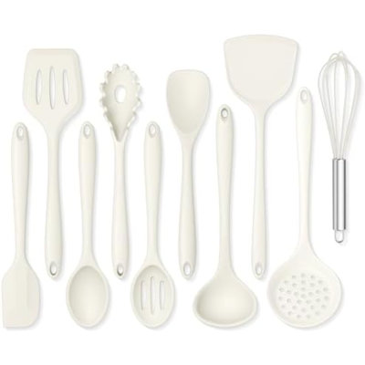 Ensemble de 10 ustensiles de cuisine en silicone, comprenant une spatule, une cuillère, un fouet et une cuillère à pâtes non toxiques - Blanc