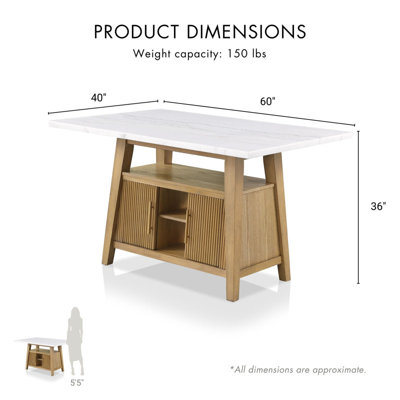Brunilda 60"W Genuine Marble Top Counter Height Table With Storage Base