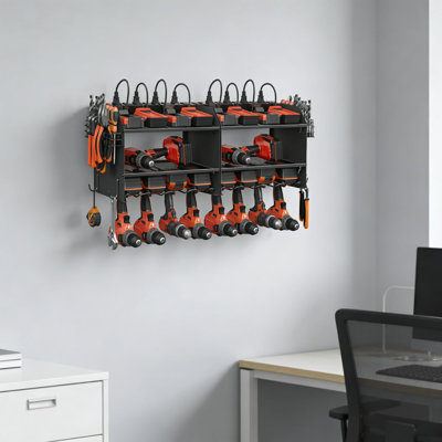 Wall-Mounted Power Tool Organizer Station With Charging Outlets And Storage Shelf