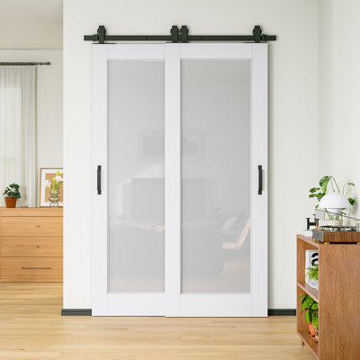48 x 80 Bypass Barn Door-White Primed 1-Lite Frosted Glass Sliding Barn Door With Installation Hardware Kit/No Assembly Required