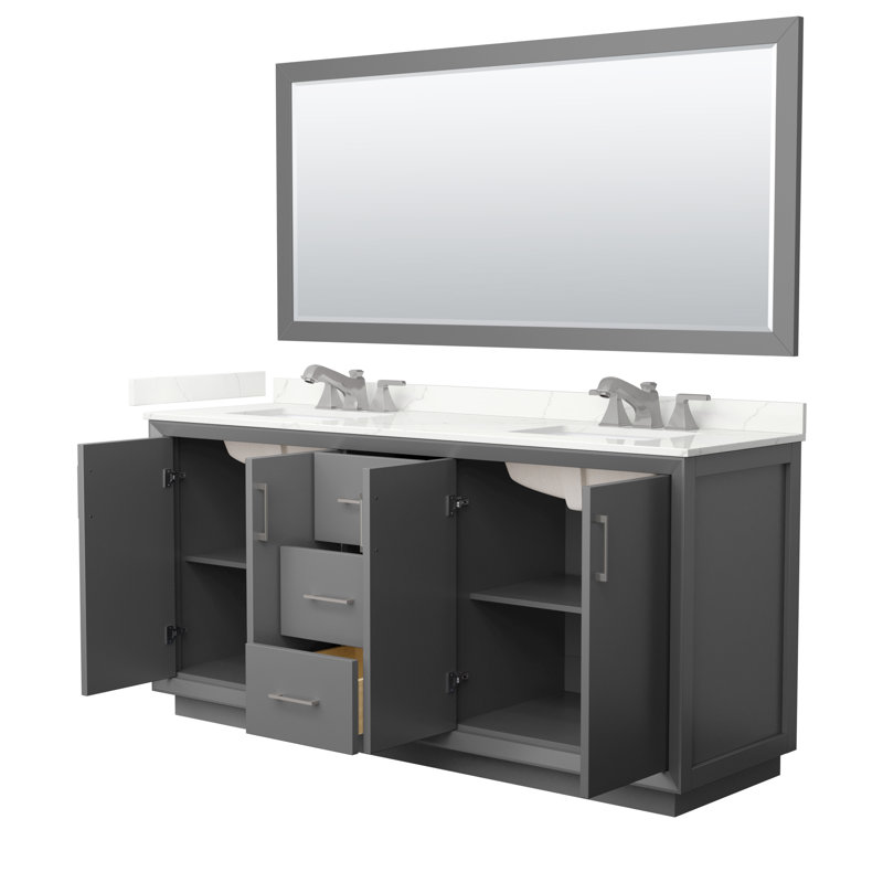 Meuble-lavabo double autoportant 72 po avec plateau en quartz Strada, Gris foncé, Quartz Giotto, Noir mat