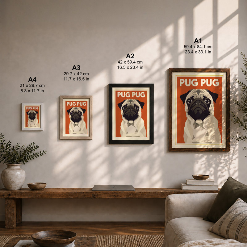 Geometric Pug Modern - Framed Print, A4 - 29.7 x 21.0 cm, White