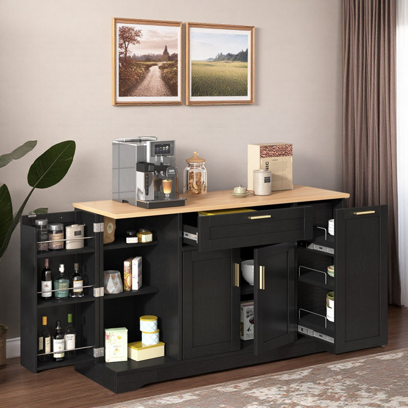 Multi-functional Storage Sideboard With Adjustable Shelves, 3-tier Pull-out Rack, Drawer And Door Storage Racks, Black