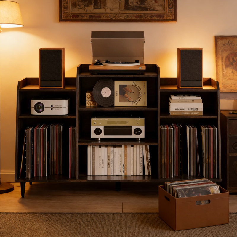 Support pour tourne-disque de 55 pouces avec station de charge et multiprise, armoire de rangement pour disques vinyles à 4 niveaux avec tablettes réglables, console multimédia de grande capacité pour le salon