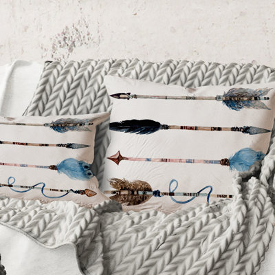 Square,Ethnic Feathers And Flowers On Native Arrows IV - Bohemian & Eclectic Printed Throw Pillow