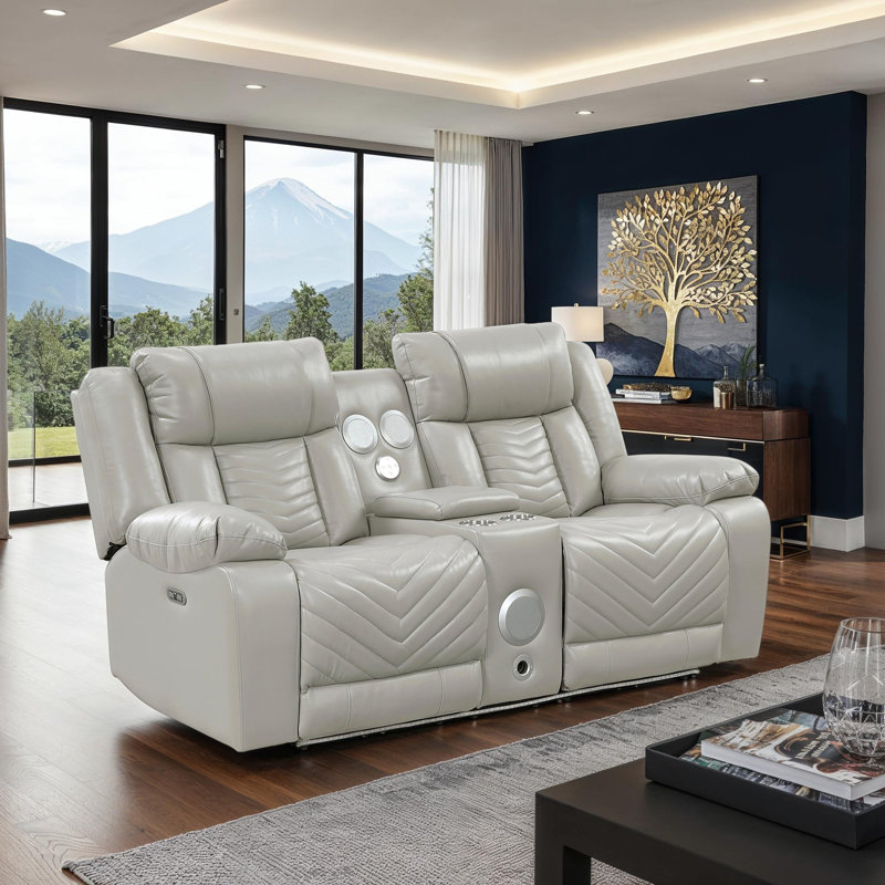 Marlow 78" Modern & Contemporary Faux Leather Power Reclining Loveseat with Wireless Speakers, USB Charging, LED Lighting, Cup Holders, and Hidden Storage.