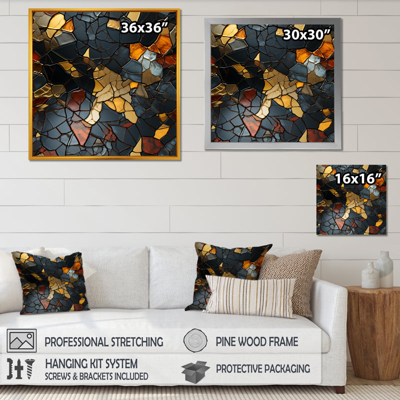 Carreaux de mosaïque dorés et noirs II - art mural abstrait, H 16 po x l 16 po x P 1 po, Toile tendue