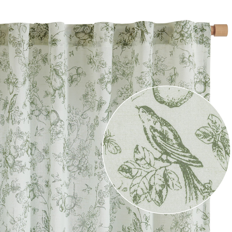 Linen Blend Farmhouse Floral Curtains Semi Sheer French Country Curtain Panels, Sage Green, 50" W x 96" L