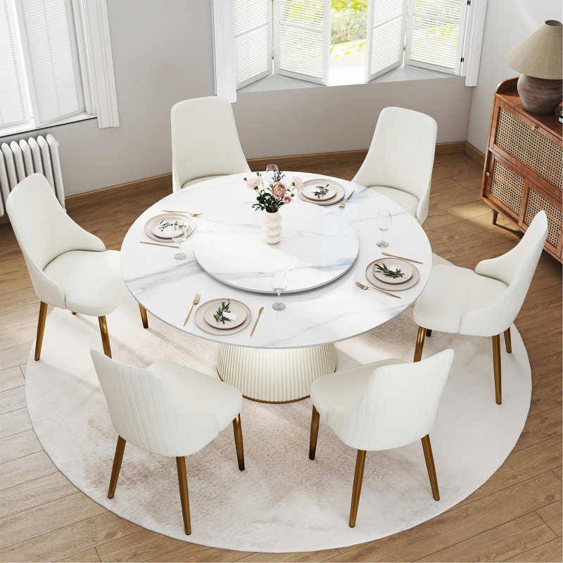 Table de salle à manger moderne 59,05 po en pierre artificielle blanche pouvant accueillir 8 personnes -Table tournante en pierre artificielle blanche 31,5 po