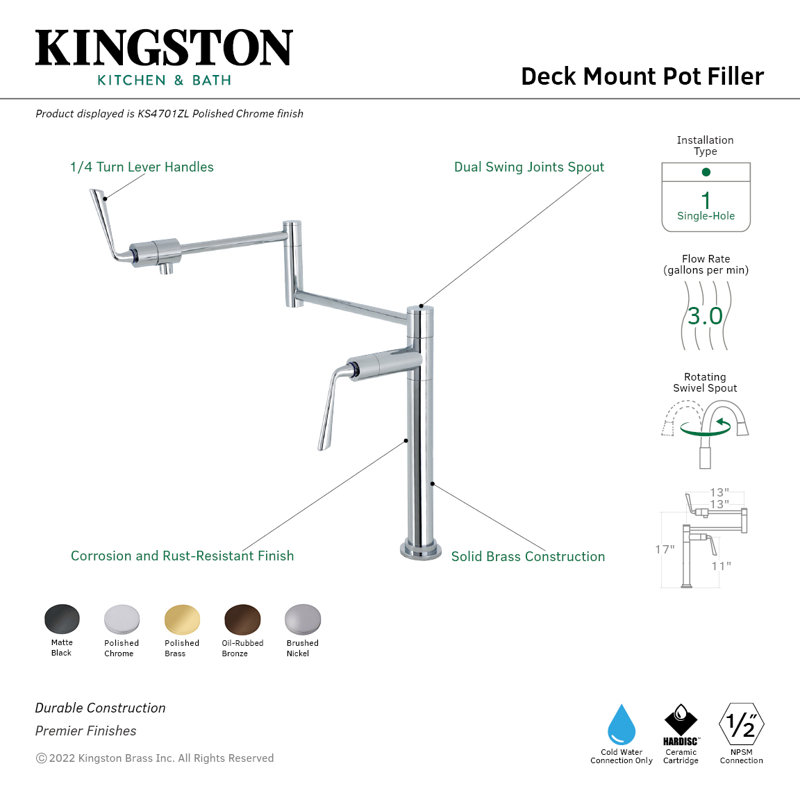 Kingston Brass Silver Sage Two-Handle 1-Hole Deck Mount Pot Filler Faucet, Oil Rubbed Bronze