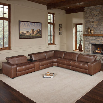 Hurst 139" 6-Piece Modular Power Reclining Sectional Sofa – 100% top grain leather, 3 power recliners with headrests, USB-A & C charging, modular 6-pi