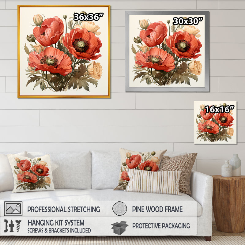 Red Serene Poppy Meadows III - Art mural coquelicot, H 36 po x l 36 po x P 1,5 po, Cadre simple noir