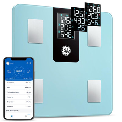 GE - Smart Scale for Body Weight and Fat Percentage, Digital Bluetooth Body Composition Analyzer with App, LCD Display - Blue