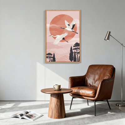 Ensemble de 1 tableau sur toile représentant des grues au coucher du soleil