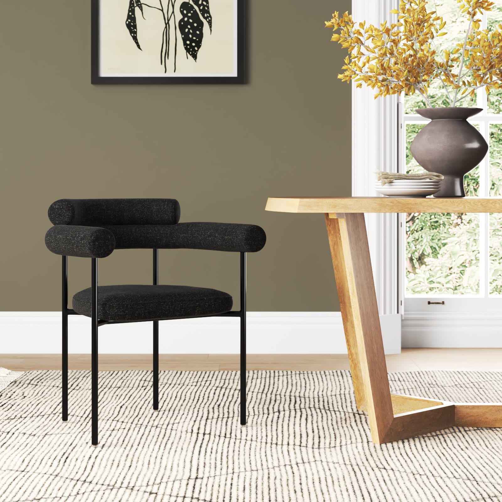 Bellport Dining Chair, Black/White Linen