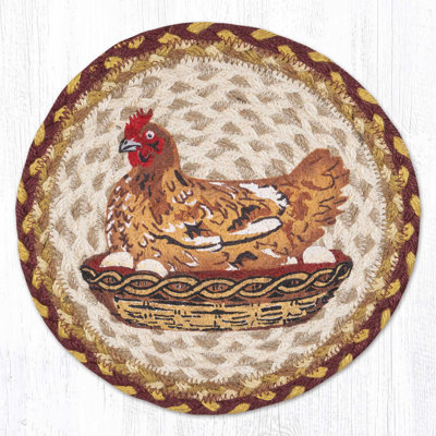  Hen on Nest Round Trivet – 10" Printed Farmhouse Design on Braided Natural Jute