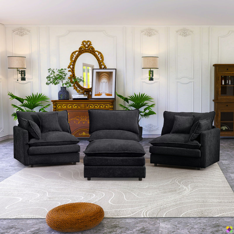 Dayman 102"W Modular Chenille LAF RAF Sectional, Sofa Couch, 3 Seater, Black Chenille