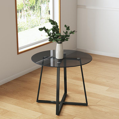 Demitre Round Glass Top Metal Base Dining Table