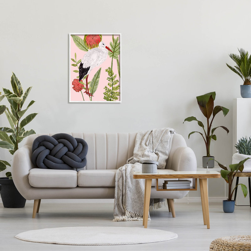 Giclée d'oiseaux botaniques roses par Melissa Wang, H 30 po x l 24 po x P 1,5 po, Giclée encadrée blanc bord de mer