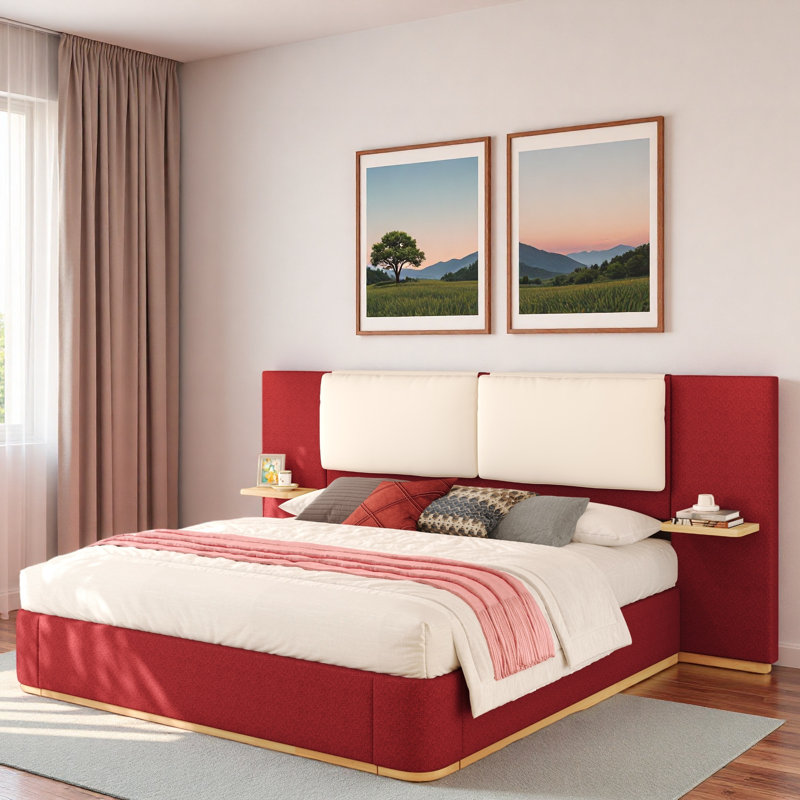 Lit plateforme tapissier avec tablettes, Rouge, Grand lit