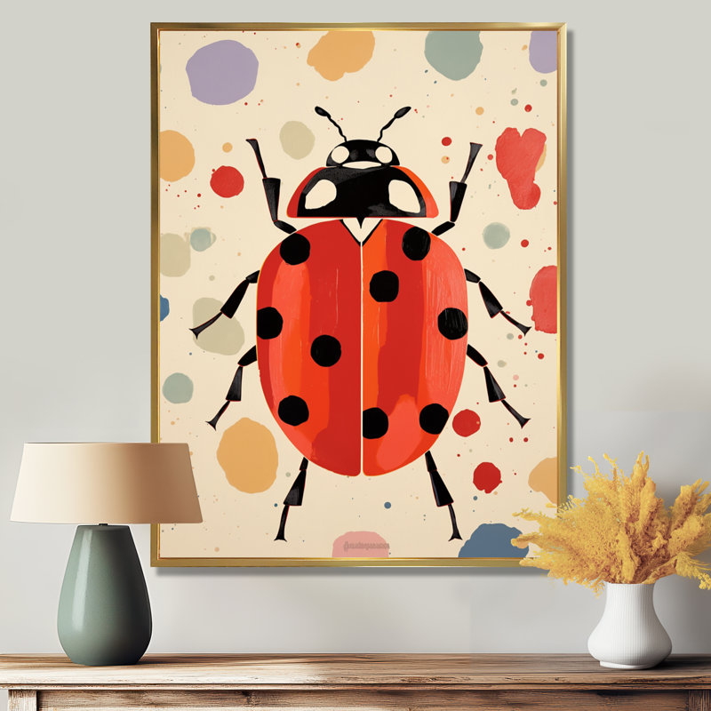 Art rétro, coccinelle, rétro, insectes et insectes, H 32 po x l 24 po, Toile flottante dorée encadrée
