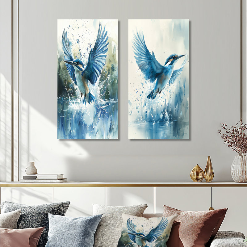 Martin-pêcheur au-dessus de l'eau I - oiseau 2 panneaux, impression murale en métal, 32" H x 32" W