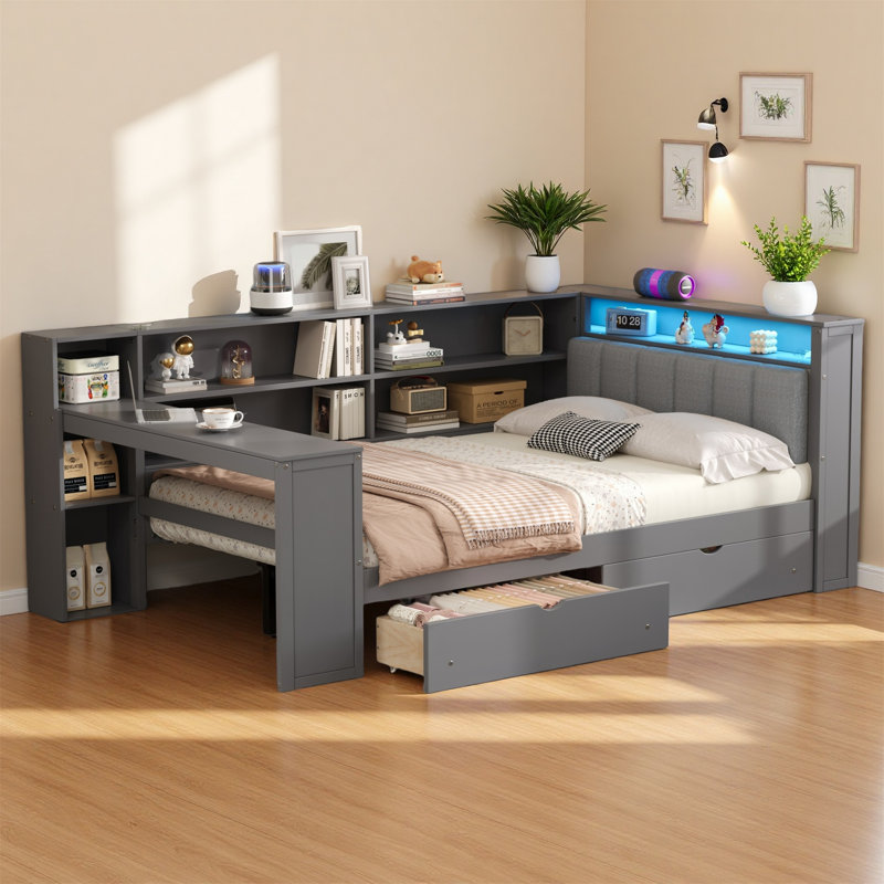 Stylish Wood Full Size Platform Daybed With Storage Shelves, Drawers, Charging Station, LED Lighting, Desk & Upholstered Headboard, Gray