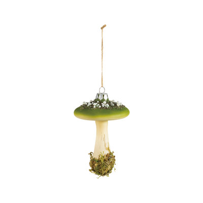 Whimsical Glass Mushroom Ornament with Moss Beads and Glitter