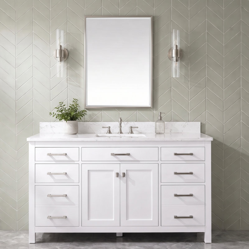 Ensemble de meuble-lavabo simple 60 po Ajhane, Blanc / nickel brossé