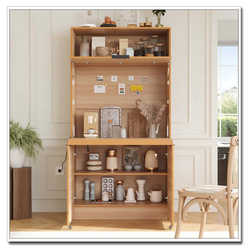 69''H Buffet with Hutch and Foldable Workstation, Multifunctional Storage Cabinet Cupboard with Adjustable Shelf and Power Outlet