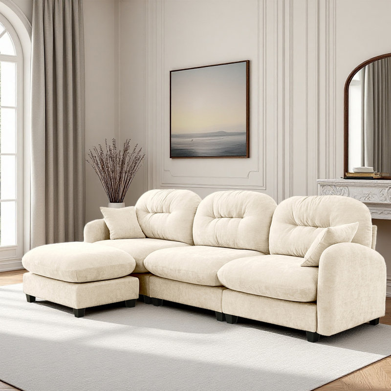 Sectional L Shaped Couch With Ottoman, Chenille Sofa, Beige Chenille
