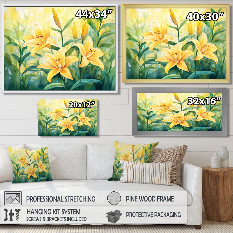 «Yellow Lillies Gardens In Meadow I», impression murale lys, H 12 po x l 20 po, Noir