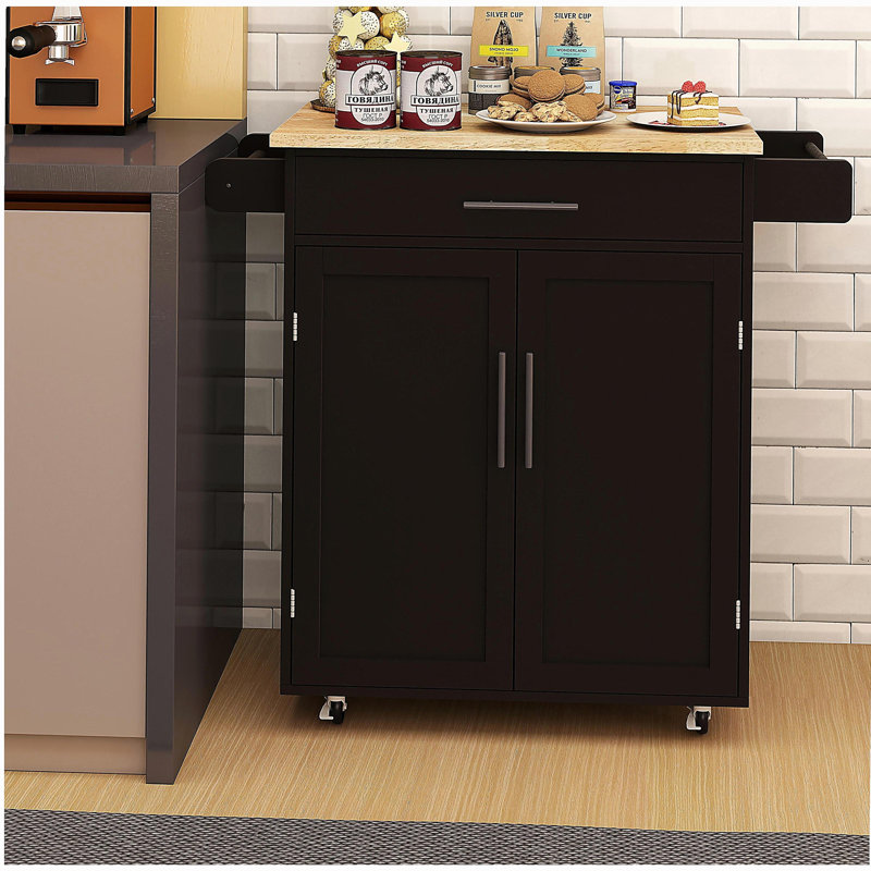 Kitchen island trolley with 1 drawer and 2 doors, with adjustable shelves, towel rack, and spice rack rubberwood table - black