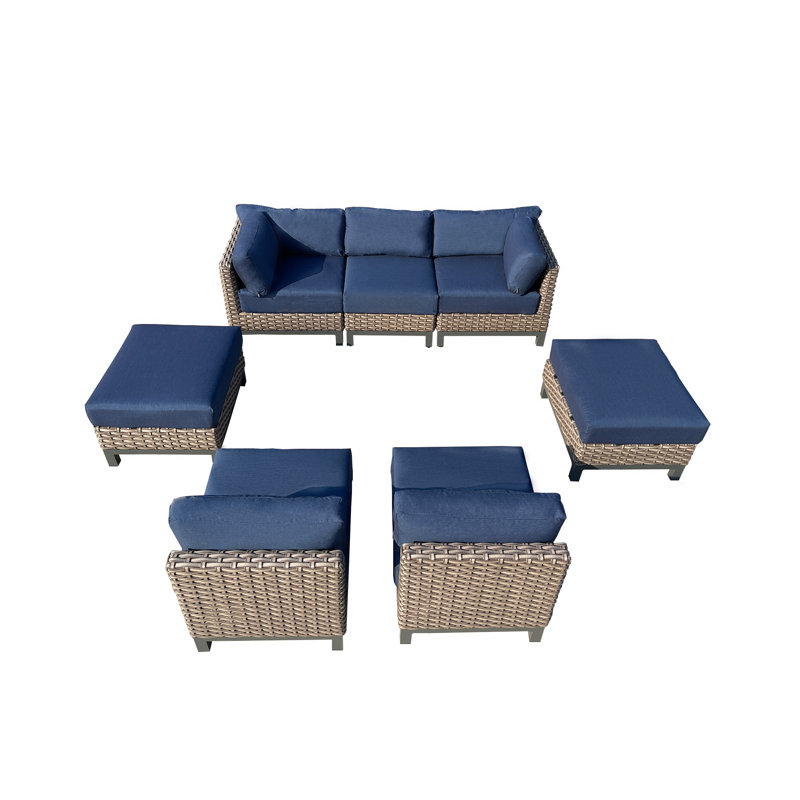 Iliah 116.54'' Wide U-Shaped Aluminum Patio Sectional with Cushions, Blue