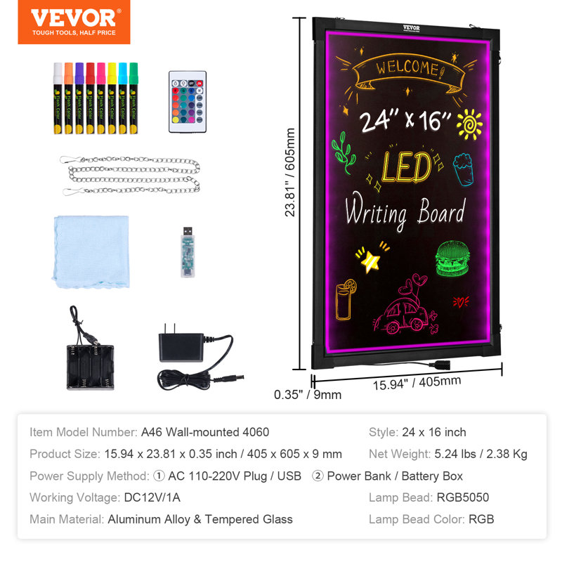 Tableau lumineux à DEL effaçable à effacer 16 po x 12 po VEVOR, L 24 po x L 16 po
