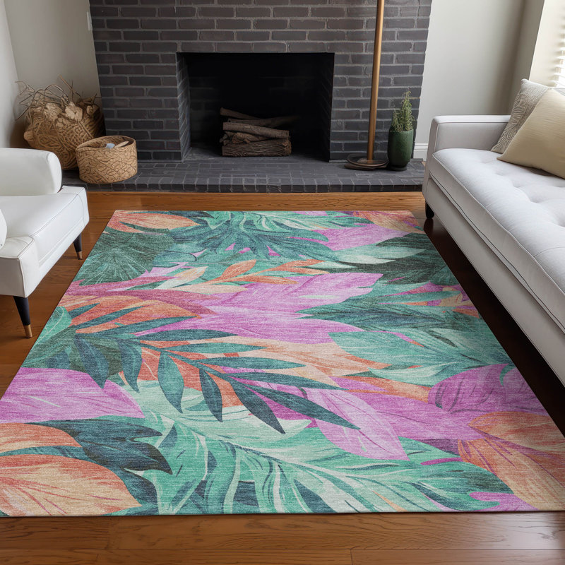 Tropical Floral Red and Teal Synthetic Washable Rug 3' x 5'